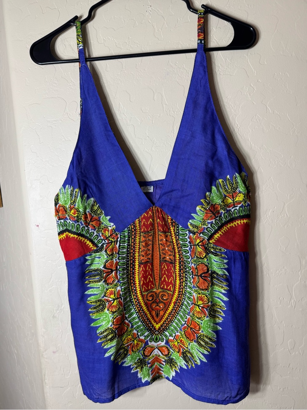 Vintage Dashiki Print Rayon Spaghetti Strap Tank Top Boho Festival Blue L